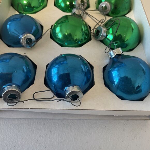 Vintage Pyramid Christmas Ornaments One Box of 15 Blue Green Glass Bulbs 2” - Picture 3 of 10